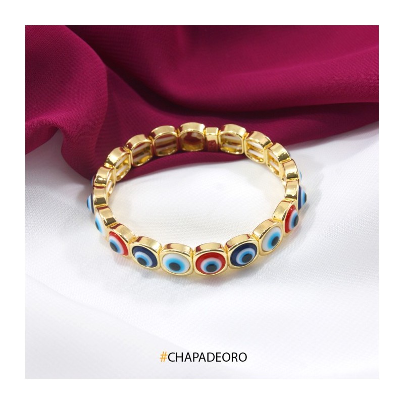 PULSERA CHAPA DORADA ELASTICA OJOS TURCOS COLORES