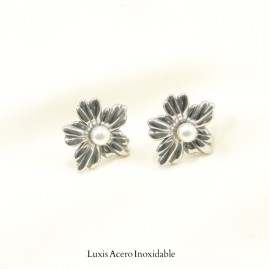 Arete plateado acero inoxidable flor con perla 22mm*25mm