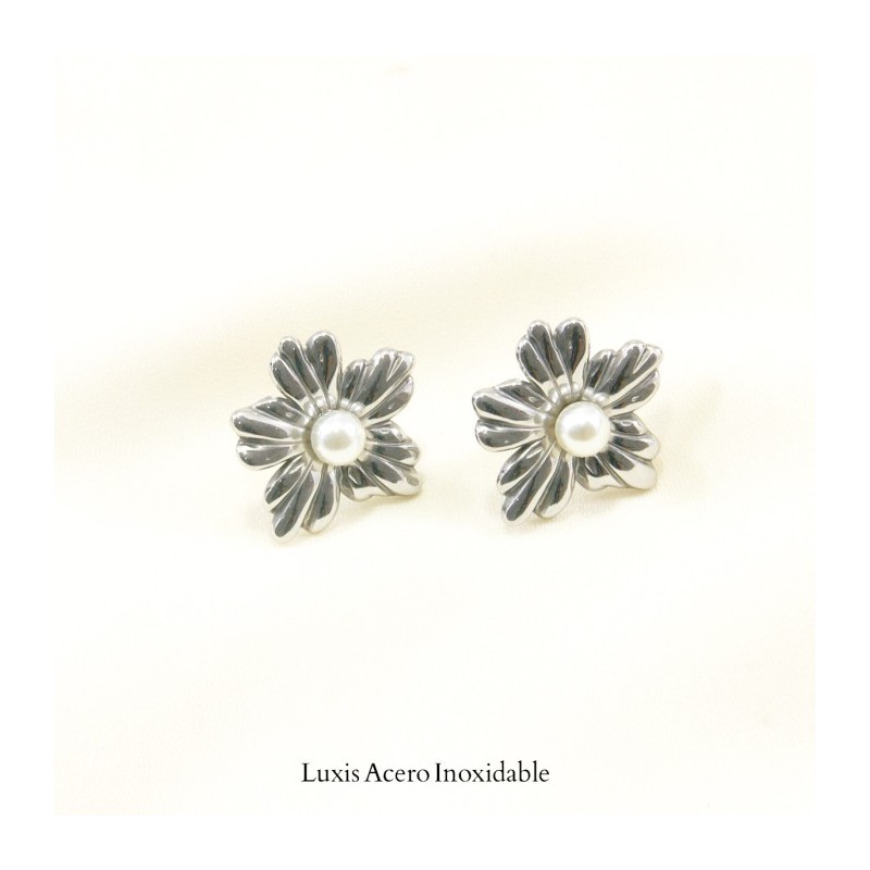 Arete plateado acero inoxidable flor con perla 22mm*25mm