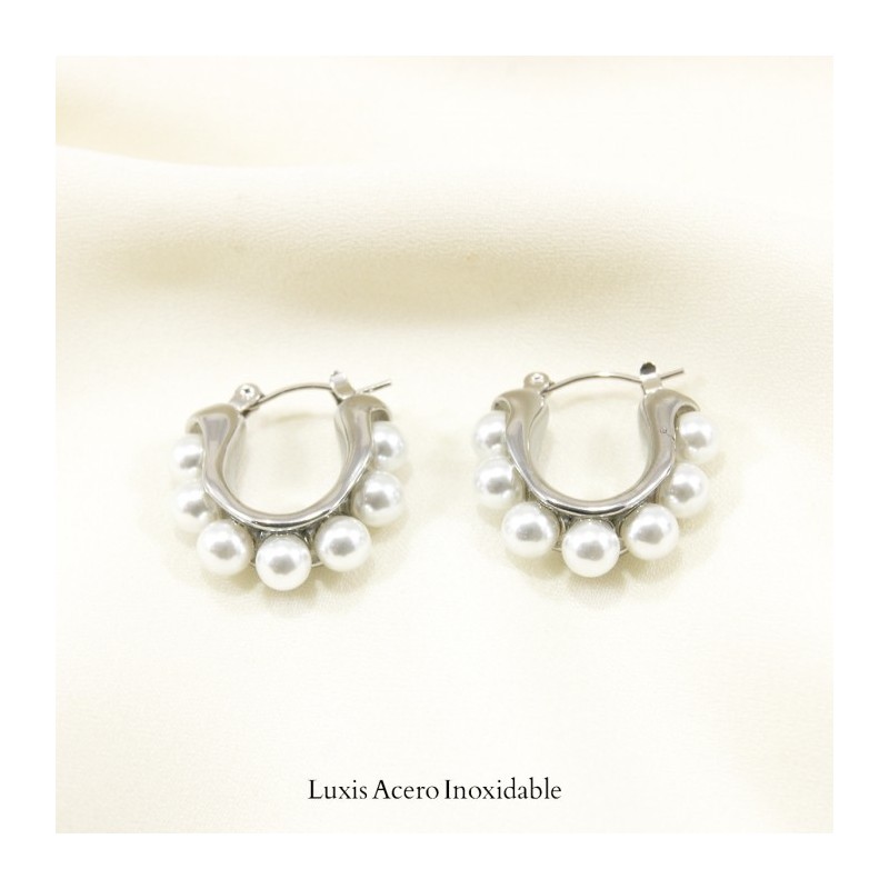 Arracada plateada acero inoxidable con perlas 20mm*22mm